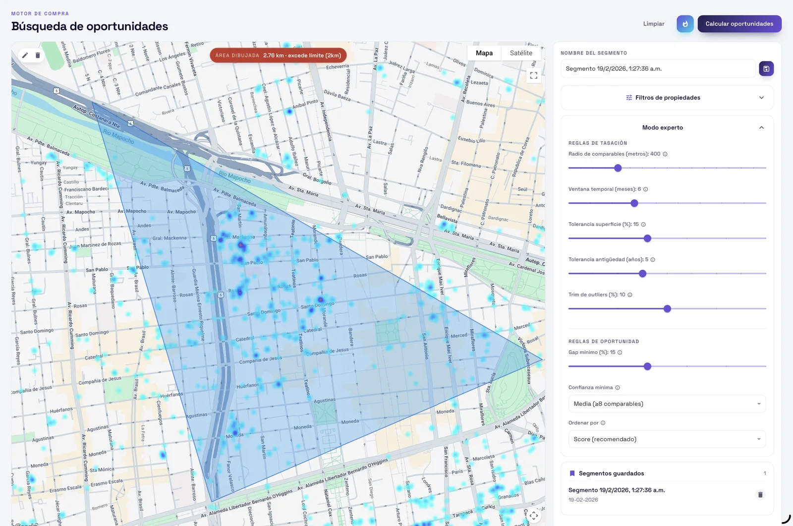 Motor de compra de Quinta Casa: mapa del centro de Santiago con un área dibujada y reglas de tasación por comparables.